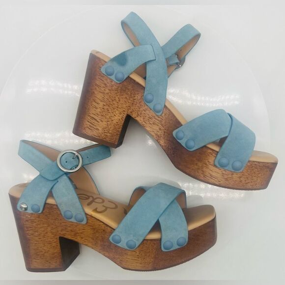 New! SAM EDELMAN Women's Josefine Platform Heeled Sandal Sky Blue - Picture 6 of 15